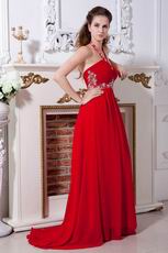 Halter Top Appliques Empire Red Chiffon 2014 Prom Dress