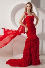 Wine Red One Shoulder Mermaid Ruffles Skirt Celebrity Dress