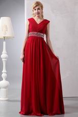 Wine Red V Neckline Floor Length Dress To Evening
