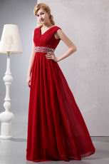 Wine Red V Neckline Floor Length Dress To Evening