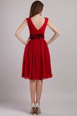 V-neck Knee-length Wine Red Chiffon Short Prom Dress With Sash