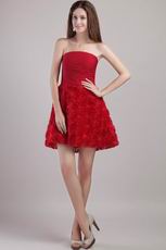 Rolled Fabric Flowers Wine Red Short Evening Dress