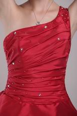 One Shoulder Wine Red Beaded Short Prom Dress For Discount