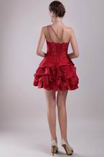 One Shoulder Wine Red Beaded Short Prom Dress For Discount