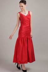 V Neckline Tea-length Red Taffeta Prom Dress Designer