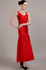 V Neckline Tea-length Red Taffeta Prom Dress Designer