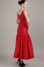 V Neckline Tea-length Red Taffeta Prom Dress Designer