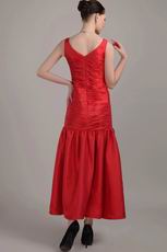 V Neckline Tea-length Red Taffeta Prom Dress Designer