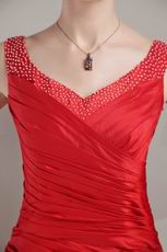 V Neckline Tea-length Red Taffeta Prom Dress Designer