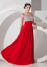 Beaded Scarlet Designer Evening Party Dress With Double Straps