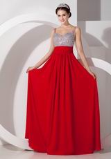 Beaded Scarlet Designer Evening Party Dress With Double Straps