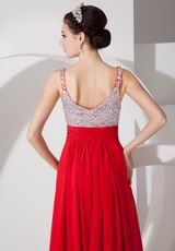 Beaded Scarlet Designer Evening Party Dress With Double Straps