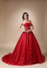 Wine Red Organza Corset Back Puffy Prom Ball Gown