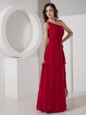 One Shoulder Wine Red Bridesmaid Dress Floor Length Skirt