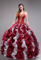 Wine Red Quinceanera Dress With Halter Ruffles Puffy Skirt
