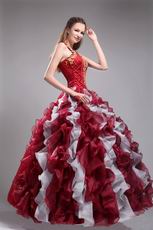 Wine Red Quinceanera Dress With Halter Ruffles Puffy Skirt