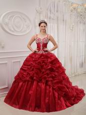 Wine Red Designer Quinceanera Dress With Spaghetti Straps