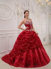 Wine Red Designer Quinceanera Dress With Spaghetti Straps