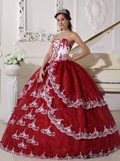 Strapless Wine Red Puffy Quinceanera Gown With Lace Decorate