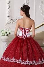 Strapless Wine Red Puffy Quinceanera Gown With Lace Decorate