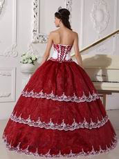 Strapless Wine Red Puffy Quinceanera Gown With Lace Decorate