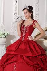 Modest Straps Embroidered Quinceanera Party Dress Wine Red