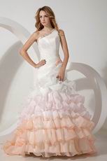 One Shoulder Fading Color Mermaid Layers Ruffles Wedding Dress