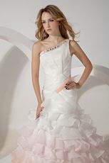 One Shoulder Fading Color Mermaid Layers Ruffles Wedding Dress