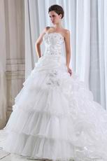 Pretty Appliqued Layers Cascade Cathedral Skirt Wedding Dress