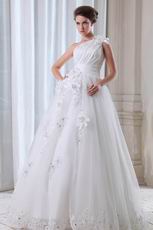 Exclusive Flower One Shoulder Straps Appliqued Edge Bride Dress