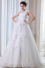 Exclusive Flower One Shoulder Straps Appliqued Edge Bride Dress