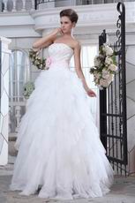 Beautiful Pink Flower Belt Beaded Lace Upper Part Cascade Bridal Dress