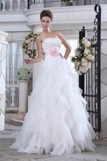 Beautiful Pink Flower Belt Beaded Lace Upper Part Cascade Bridal Dress