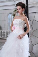 Beautiful Pink Flower Belt Beaded Lace Upper Part Cascade Bridal Dress