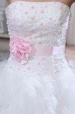 Beautiful Pink Flower Belt Beaded Lace Upper Part Cascade Bridal Dress