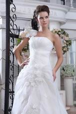 Modest White Flowers Appliqued Skirt Organza Wedding Dress