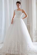 Princess One Shoulder Neck Bridal Dress With Handcrafted Flowers