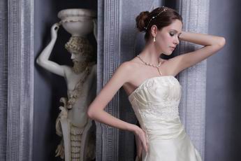 A-line Strapless Champagne Taffeta Bridal Gown With Applique