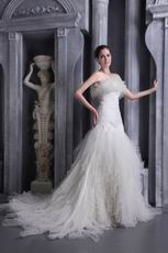 White Strapless Organza Appliques Mermaid Bridal Dress Cheap