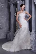 White Mermaid One Shoulder Court Train Organza Wedding Dress