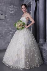 V-neck Floor-length Puffy Wedding Dress With Flowers Decorate