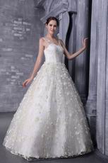 V-neck Floor-length Puffy Wedding Dress With Flowers Decorate