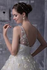 V-neck Floor-length Puffy Wedding Dress With Flowers Decorate