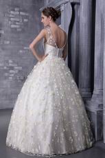 V-neck Floor-length Puffy Wedding Dress With Flowers Decorate