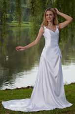 Elegant V Neckline White Taffeta Garden Wedding Dresss With Beading