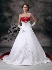 New Arrival Strapless Embroidery Wedding Dress With Wine Red