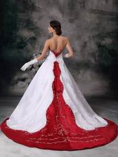 New Arrival Strapless Embroidery Wedding Dress With Wine Red