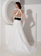 Halter V Neck Cross Back Wedding Dress Lace Emberllishments