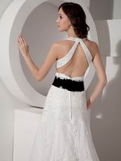 Halter V Neck Cross Back Wedding Dress Lace Emberllishments