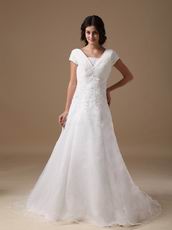 Modest V-neck White Organza Church Wedding Dress Discount